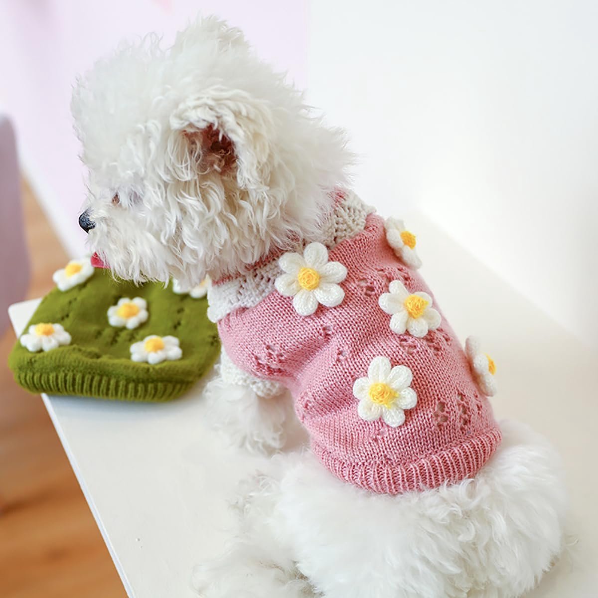 Dog Coat - Dog Sweater - Sweater for Small Dogs - Cute Floral Sweater for Girls - Winter Knitted Sweater - Lightweight and Warm Cat Sweater - Birthday, Party, Party Decoration, Christmas - Size M