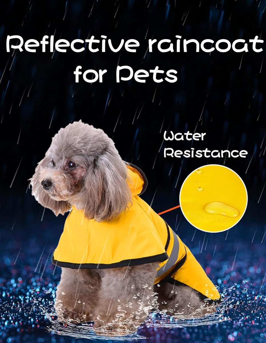 Dog Coat - Dog Raincoat - Reflective Dog Raincoat - With Hood - Adjustable Raincoat - Lightweight Raincoat - Yellow - Size M - Perfect for Small and Medium-Sized Dogs