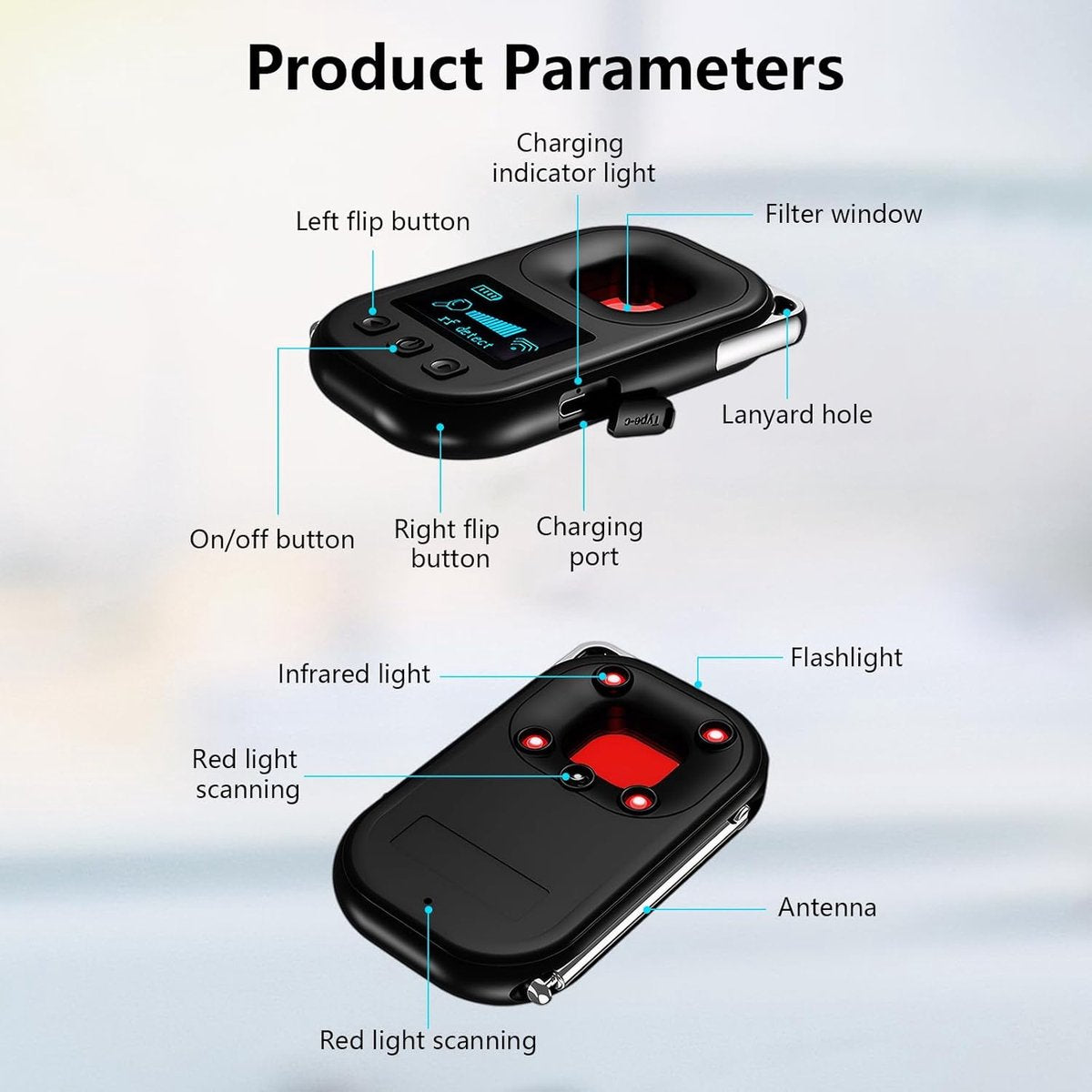Camera detector - spy camera - hidden camera detector - listening device detector - insect and GPS tracker detector - 4 modes - rechargeable - camera detector for travel, car, office, bathroom