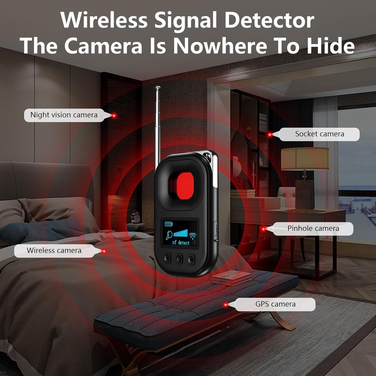 Camera detector - spy camera - hidden camera detector - listening device detector - insect and GPS tracker detector - 4 modes - rechargeable - camera detector for travel, car, office, bathroom