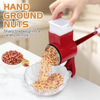 Manual nut grinder with 2 removable drum blades, cheese grater, peanut and almond grinder
