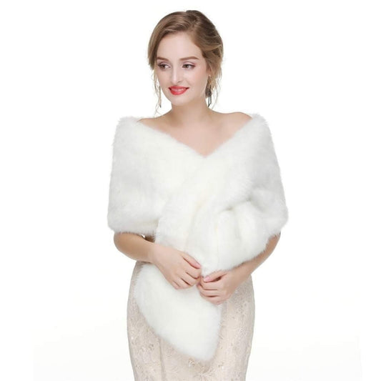 White Faux Fur Scarf Shawl for Women, Warm Large Long, with Faux Fur Trim, for Party Wedding Evening Dress Winter
