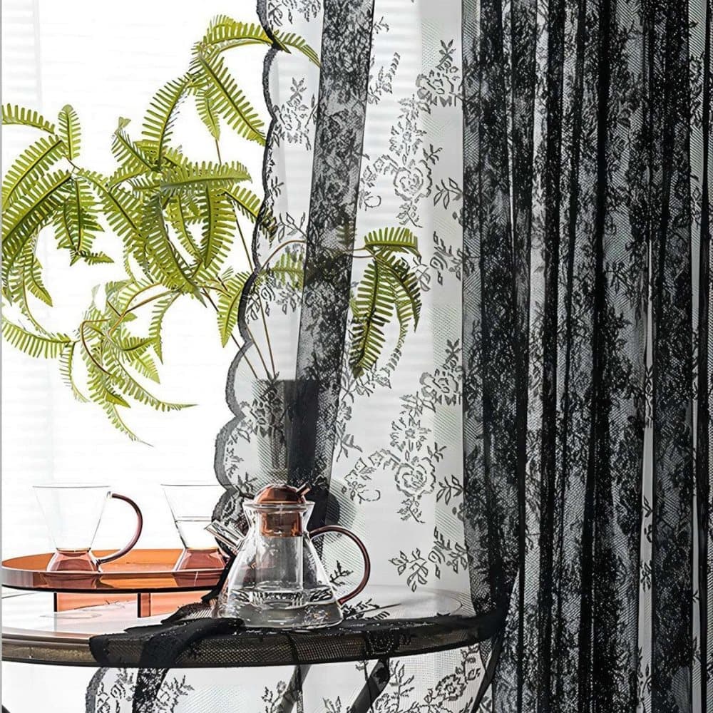 1 Pair Black Lace Curtain Semi-sheer Vintage Floral Pattern for Bedroom Living Room, 150cm x 200cm