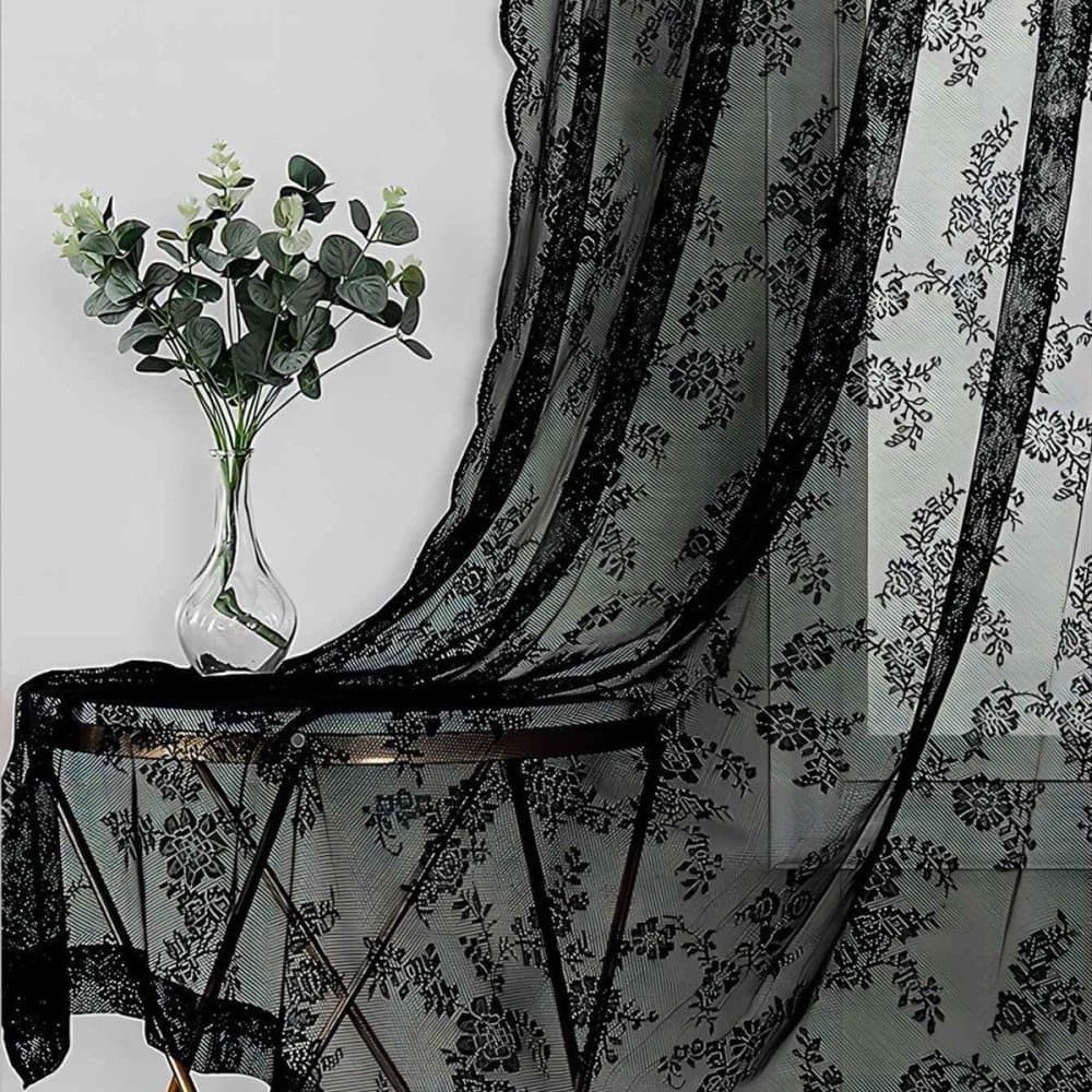 1 Pair Black Lace Curtain Semi-sheer Vintage Floral Pattern for Bedroom Living Room, 150cm x 200cm