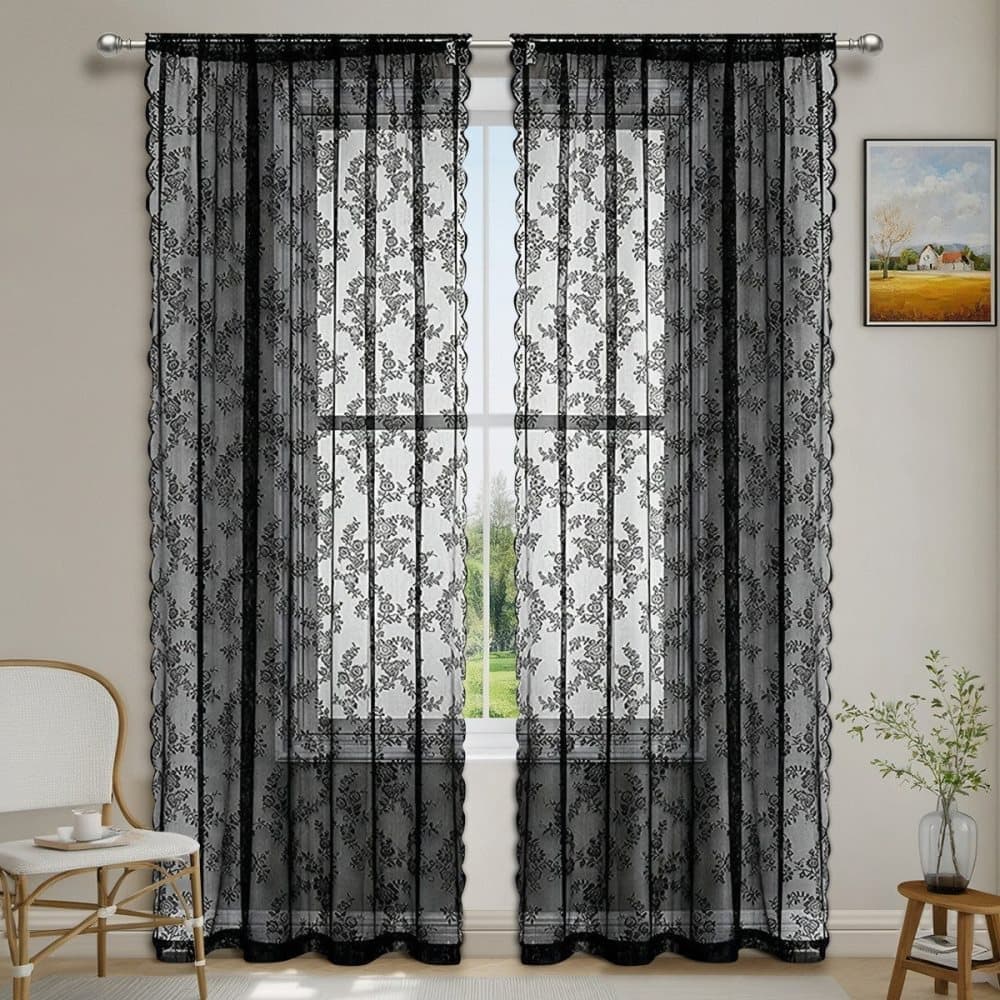 1 Pair Black Lace Curtain Semi-sheer Vintage Floral Pattern for Bedroom Living Room, W100cm x L140cm