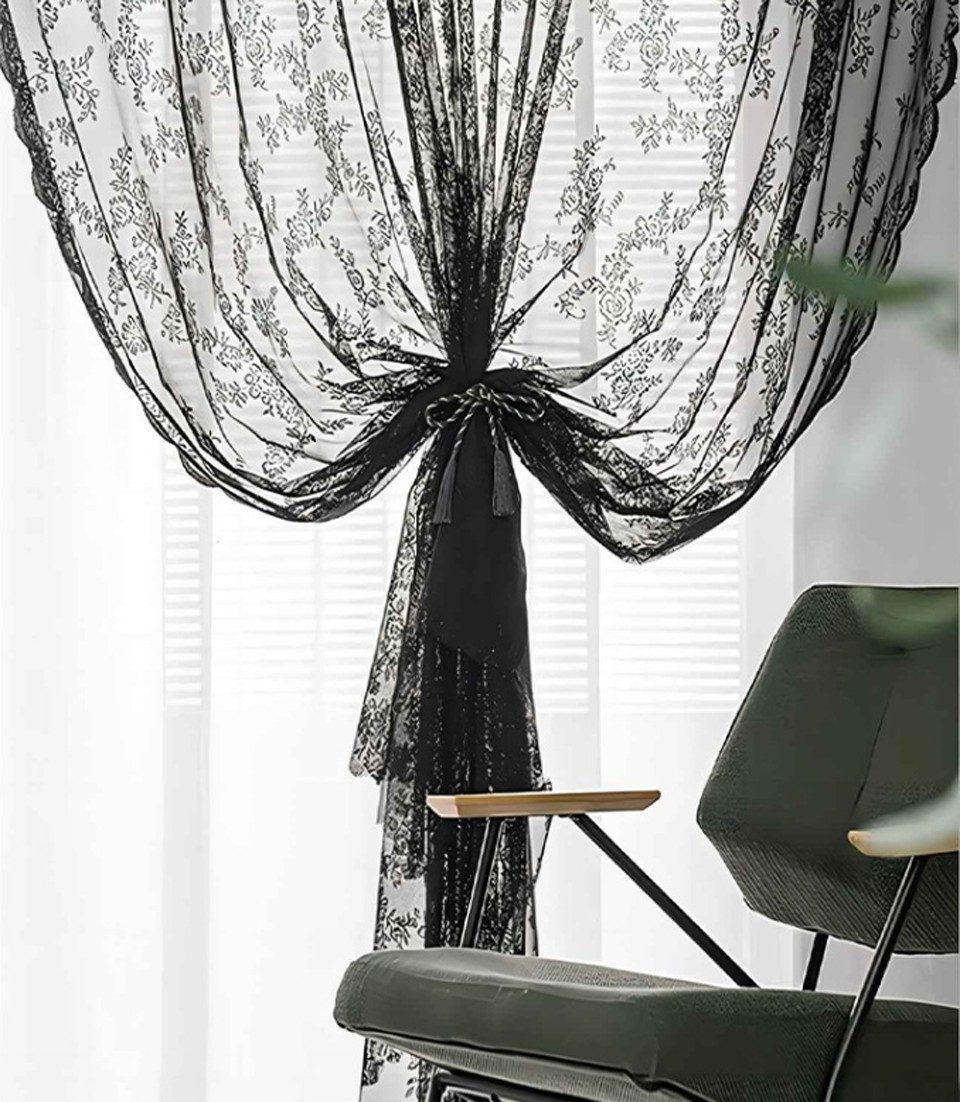 1 Pair Black Lace Curtain Semi-sheer Vintage Floral Pattern for Bedroom Living Room, W100cm x L200cm