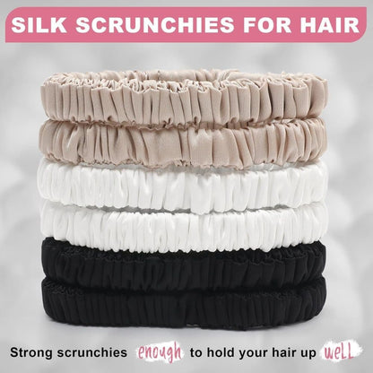 6-Pack Mulberry Silk Scrunchies Hair Bands No Damage High Elasticity, 16 Momme