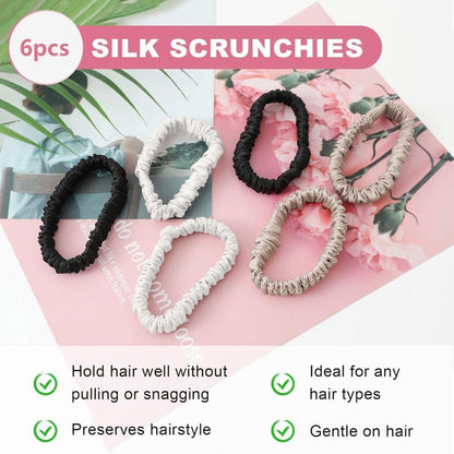 6-Pack Mulberry Silk Scrunchies Hair Bands No Damage High Elasticity, 16 Momme