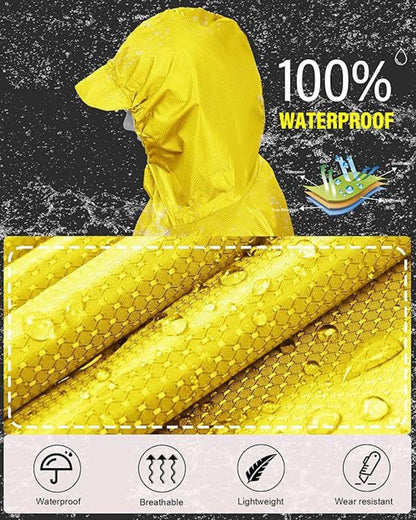 3-in-1 Waterproof Rain Jacket Poncho with Hood, Breathable Outdoor Raincoat, Yellow