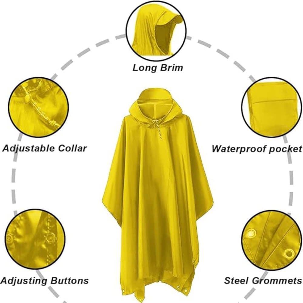 3-in-1 Waterproof Rain Jacket Poncho with Hood, Breathable Outdoor Raincoat, Yellow