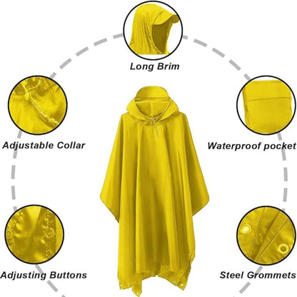 3-in-1 Waterproof Rain Jacket Poncho with Hood, Breathable Outdoor Raincoat, Yellow