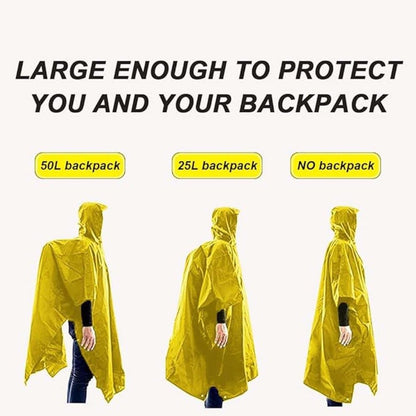 3-in-1 Waterproof Rain Jacket Poncho with Hood, Breathable Outdoor Raincoat, Yellow