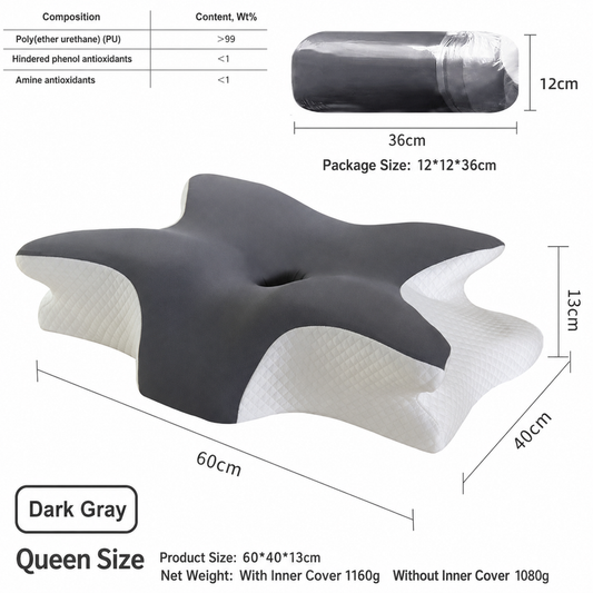 Ice Silk Butterfly-Shaped Memory Foam Pillow | Ergonomic, Orthopedic, Sleep-Aiding, Suitable for Three Sleeping Positions (23.62*15.75*5.12 inch，Dark gray)