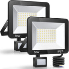 2 Pack LED Floodlight with Motion Sensor, 50W 5000LM 7000K Cool White, IP67 Waterproof
