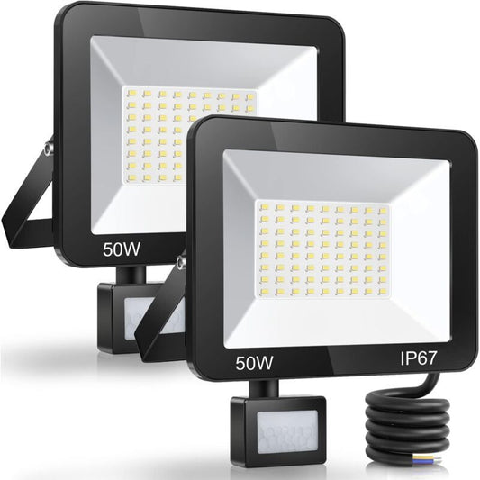 2 Pack LED Floodlight with Motion Sensor, 50W 5000LM 7000K Cool White, IP67 Waterproof
