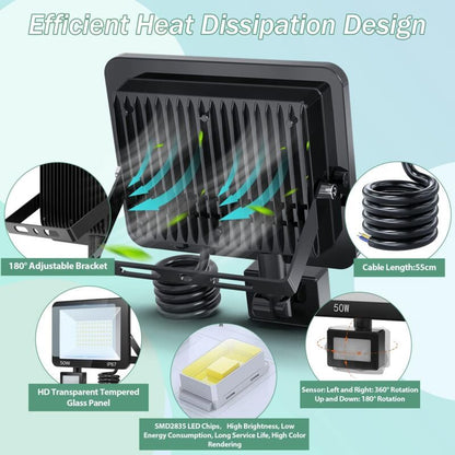 2 Pack LED Floodlight with Motion Sensor, 50W 5000LM 7000K Cool White, IP67 Waterproof