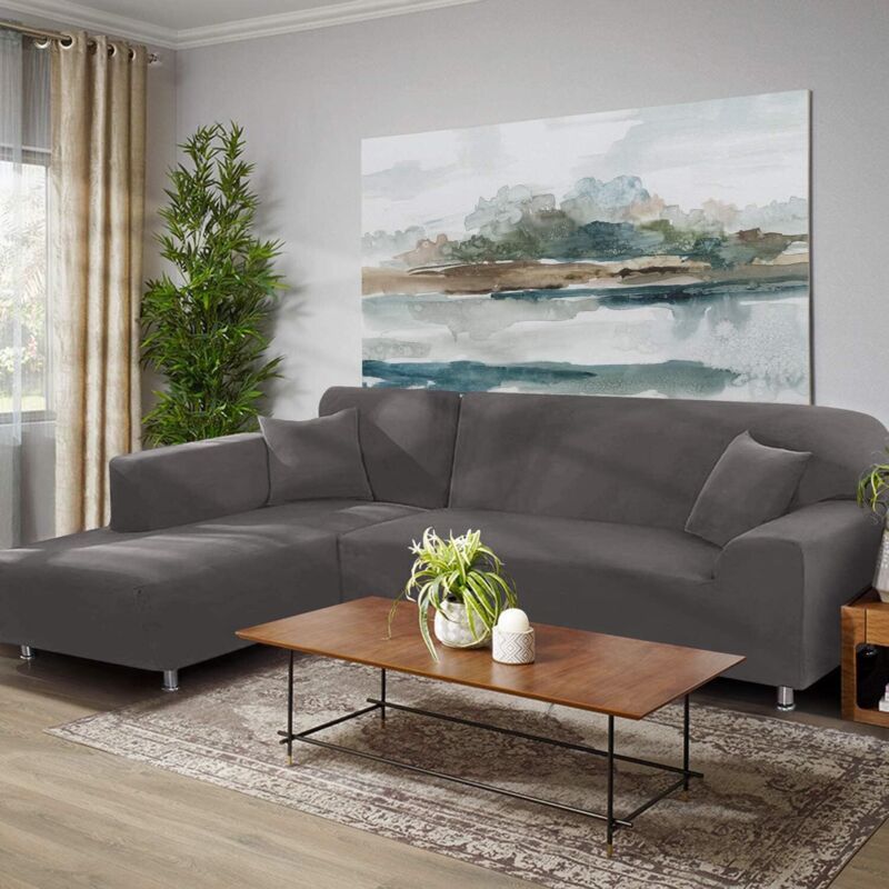 1 Piece Corner Sofa Cover with L Armrests and 1 Pillowcase, Stretch L Shape Cover, 90 to 140 cm