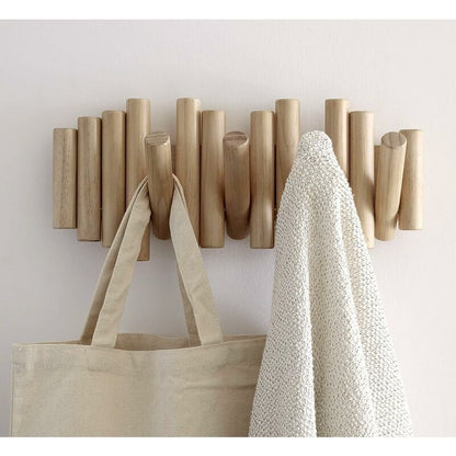 Wooden Wall Coat Rack with 5 Retractable Hooks, 37.1 x 16.5 x 4.4 cm