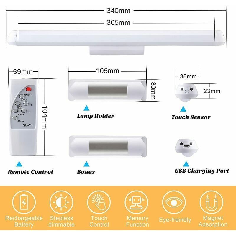Dimmable LED Cupboard Lamp with Remote Control, Touch Rechargeable Wall Light, 34 cm
