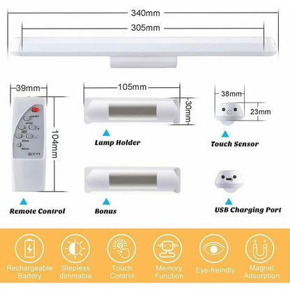Dimmable LED Cupboard Lamp with Remote Control, Touch Rechargeable Wall Light, 34 cm
