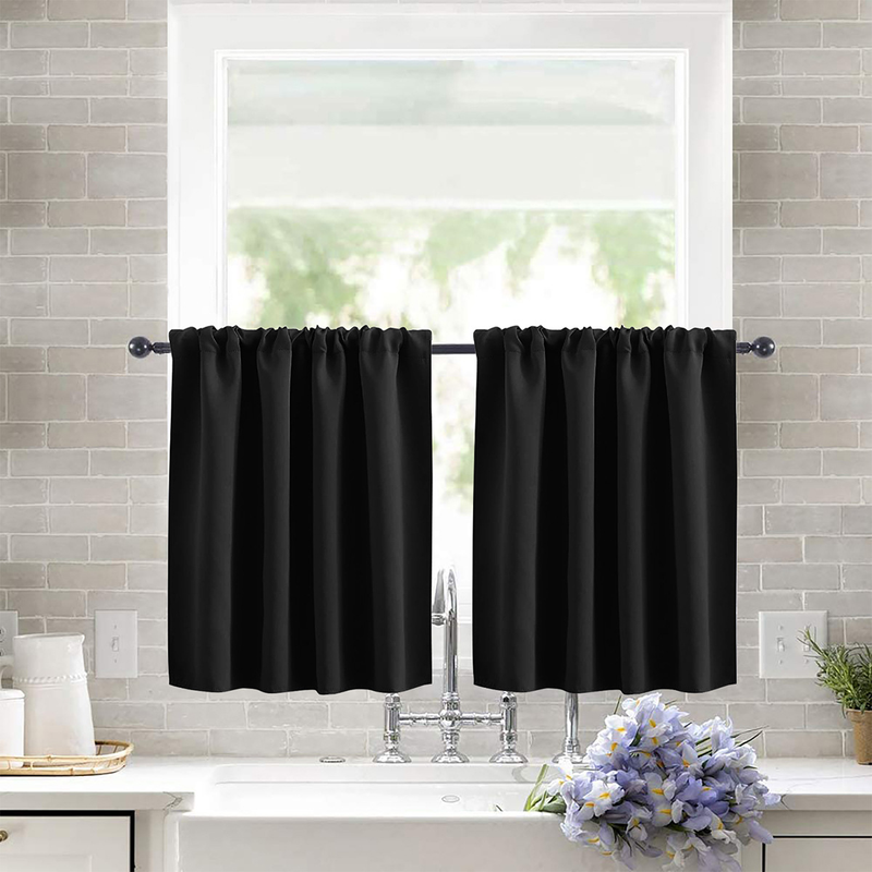 2 Pack Blackout Kitchen Curtains Black, 106 x 91 cm
