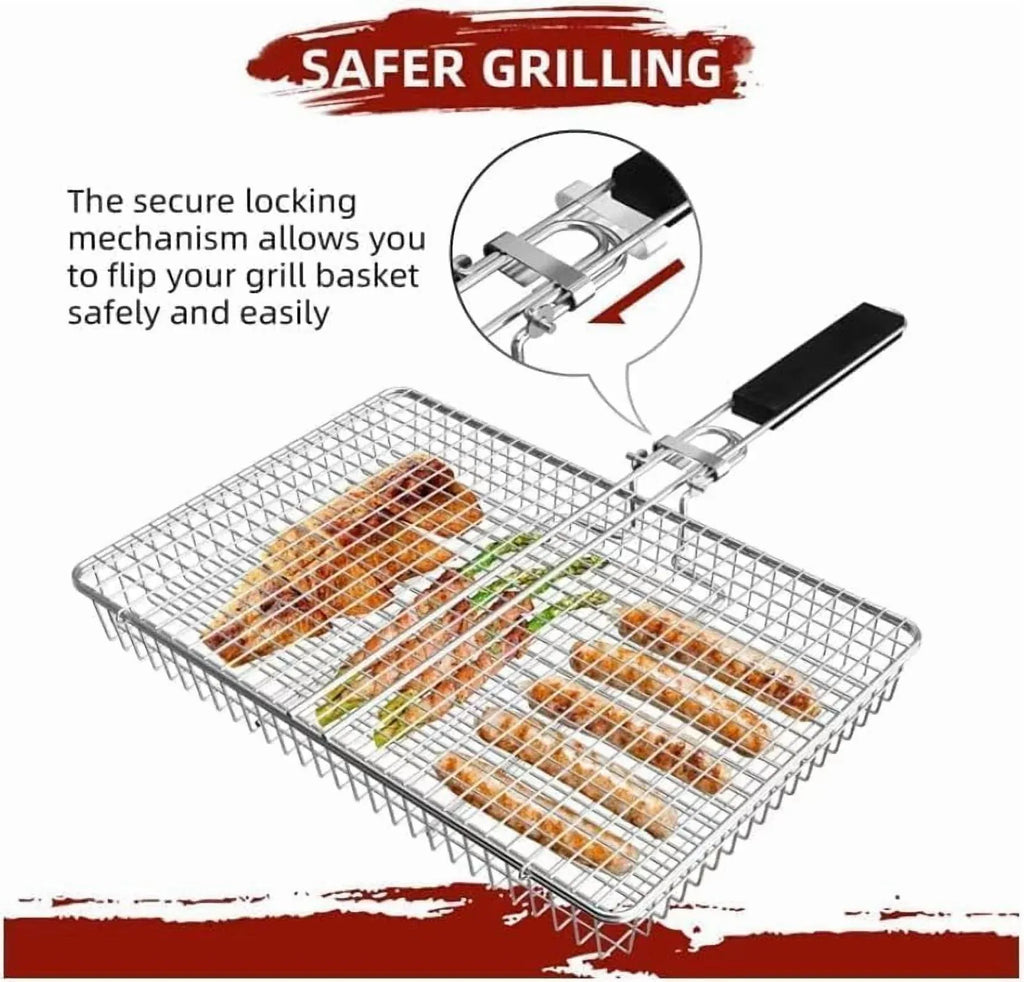 Large Stainless Steel Grill Basket, Folding BBQ Rack with Detachable Handle, 12.6 x 9.45 x 2 In