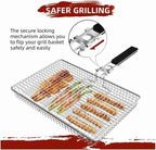 Large Stainless Steel Grill Basket, Folding BBQ Rack with Detachable Handle, 12.6 x 9.45 x 2 In