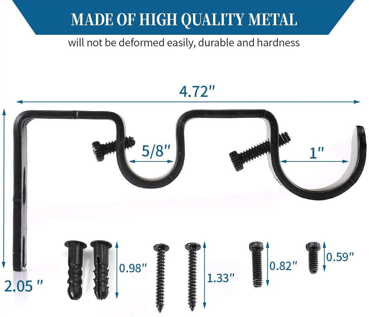 6 Pack Double Curtain Rod Brackets, Heavy Duty Metal Holders for 1 In and 5/8 In Rods, Black