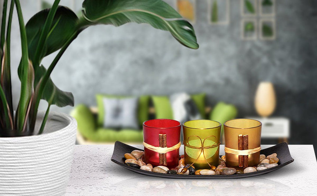 4-Piece HOME Letter Tealight Candle Holder Set with Black Display Tray