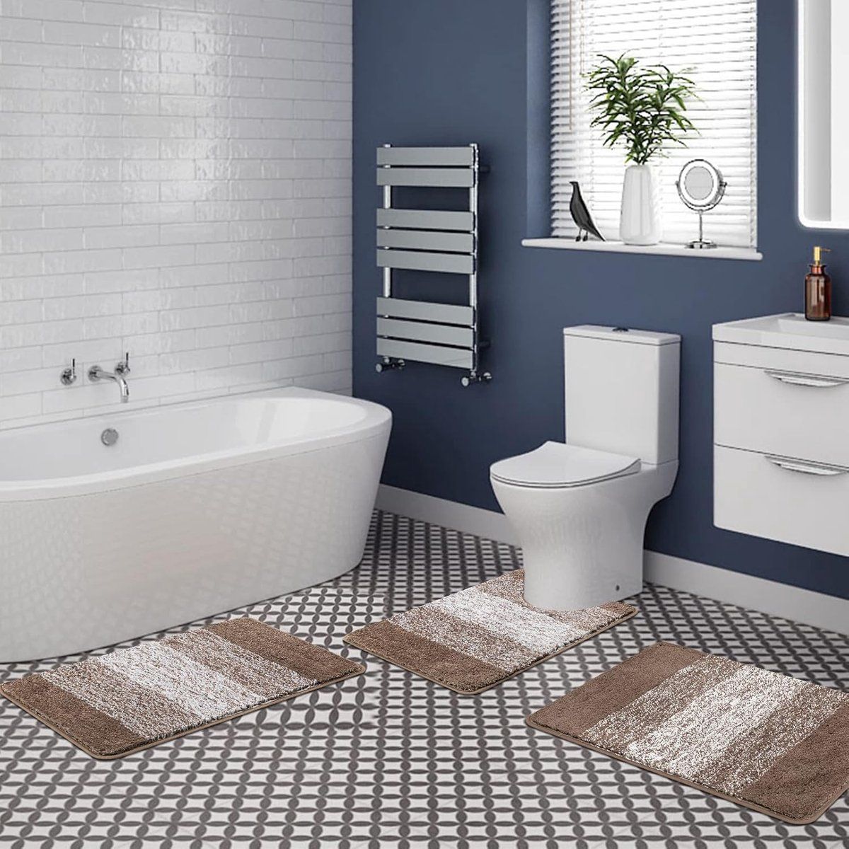 3-Piece Brown Striped Bath Mat Set, Non-Slip Washable Absorbent Bathroom Rugs