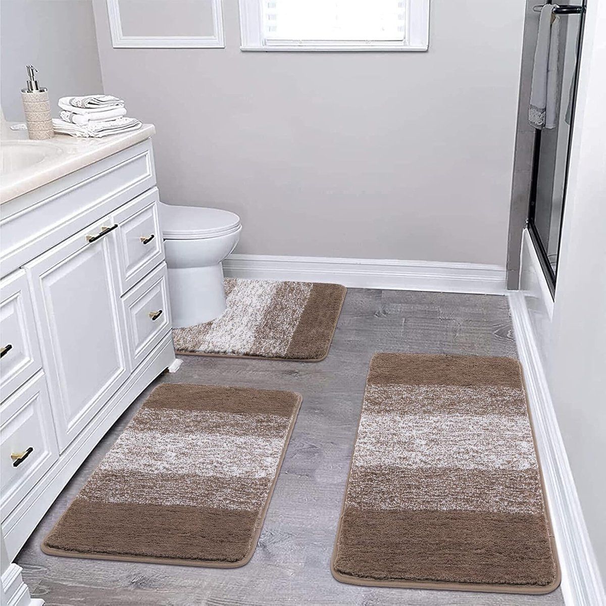 3-Piece Brown Striped Bath Mat Set, Non-Slip Washable Absorbent Bathroom Rugs