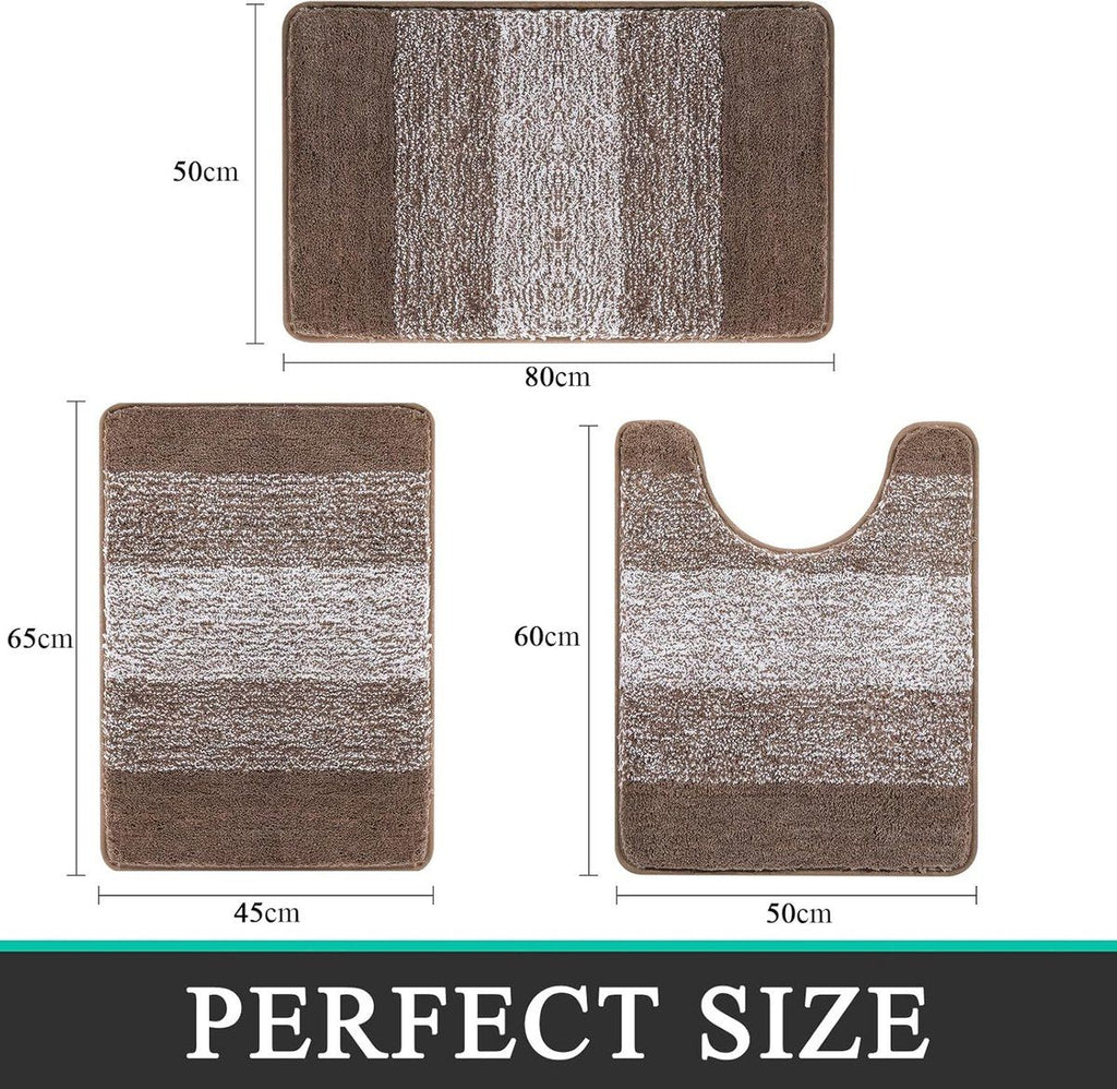 3-Piece Brown Striped Bath Mat Set, Non-Slip Washable Absorbent Bathroom Rugs