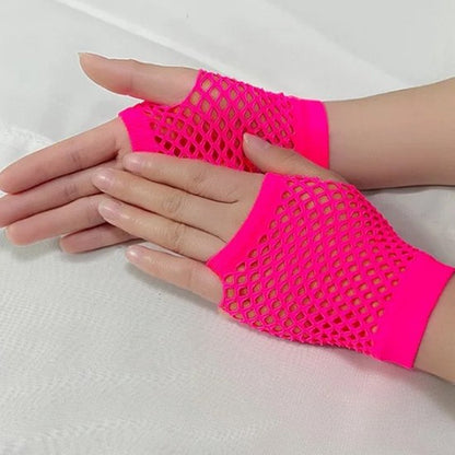 Fisnet Gloves | Erotic Gloves | Costume Gloves | Half Finger | 1 Pair | Neon Pink