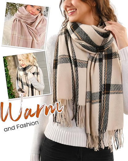 Women's Winter Scarf Cashmere Feel Scarf Fringes Checked Large Oversized Scarves Wraps (Green)