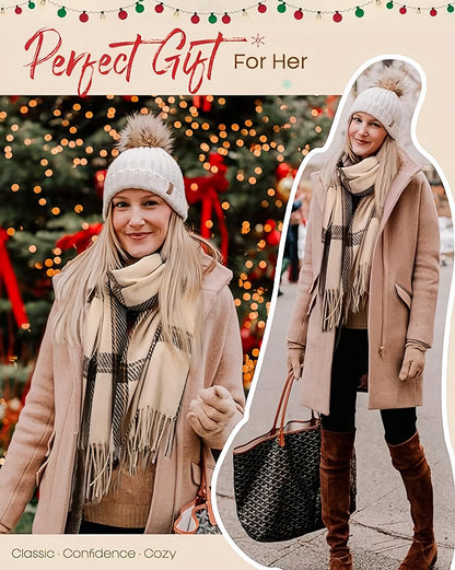 Women's Winter Scarf Cashmere Feel Scarf Fringes Checked Large Oversized Scarves Wraps (Green)