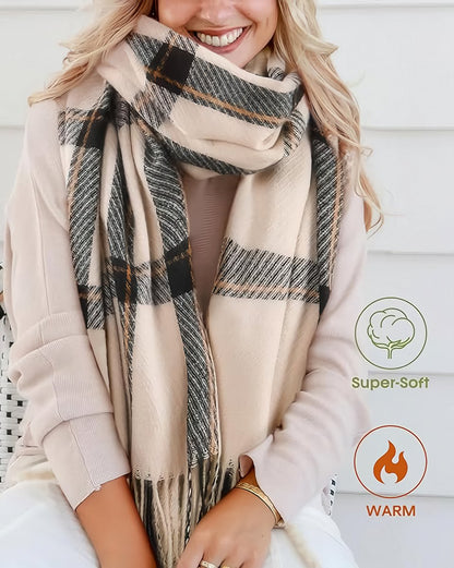 Women's Winter Scarf Cashmere Feel Scarf Fringes Checked Large Oversized Scarves Wraps (Green)