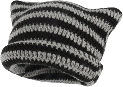 Fairy-like retro knitted hat, cat hat, striped loose crochet hat, warm knitted alternative headwear accessory for winter.