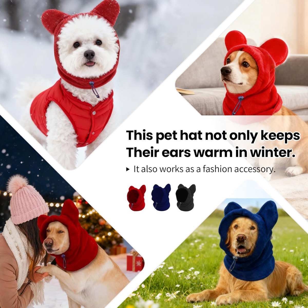 Dog emergency winter cone with ear protection, fleece neck warmer for dogs, (black, M)