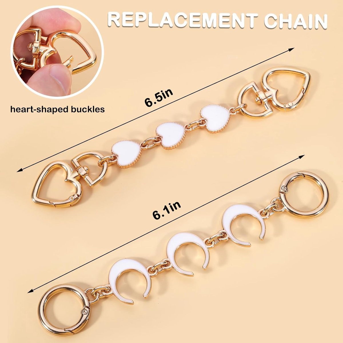 Bag strap 2-pack extension chains for bags - heart and moon pattern - shoulder strap extension for handbag - gold chain - white bag accessories - bag charms - materials for making handbags
