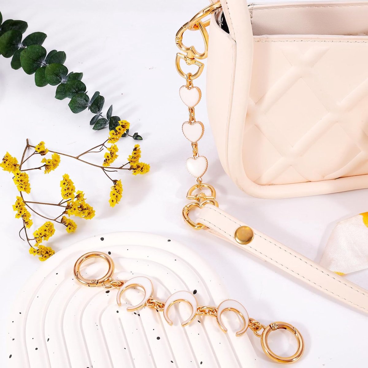 Bag strap 2-pack extension chains for bags - heart and moon pattern - shoulder strap extension for handbag - gold chain - white bag accessories - bag charms - materials for making handbags