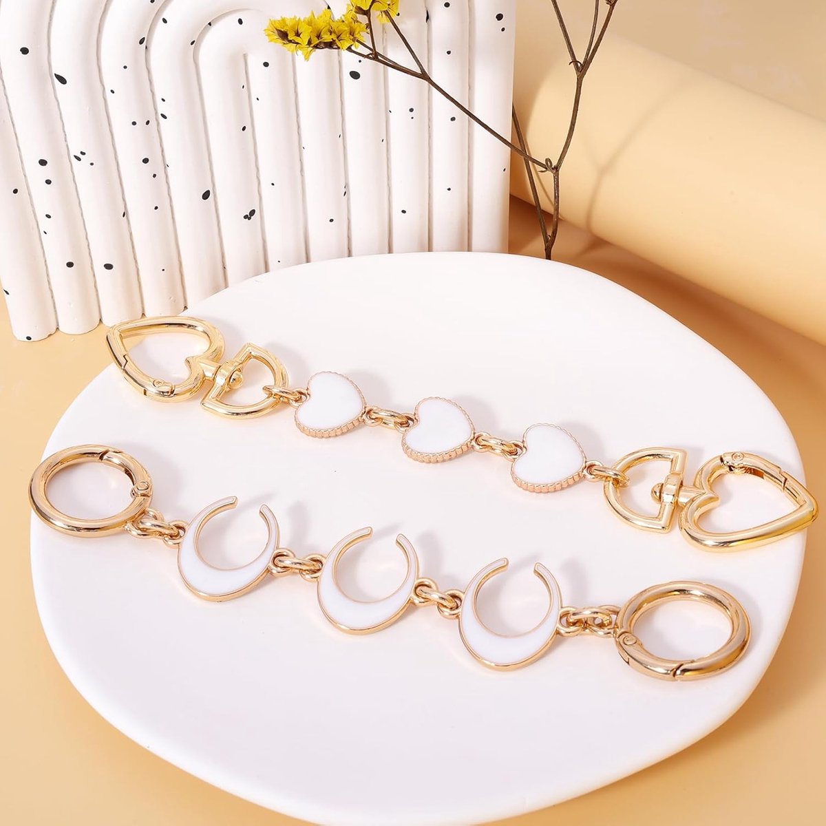Bag strap 2-pack extension chains for bags - heart and moon pattern - shoulder strap extension for handbag - gold chain - white bag accessories - bag charms - materials for making handbags