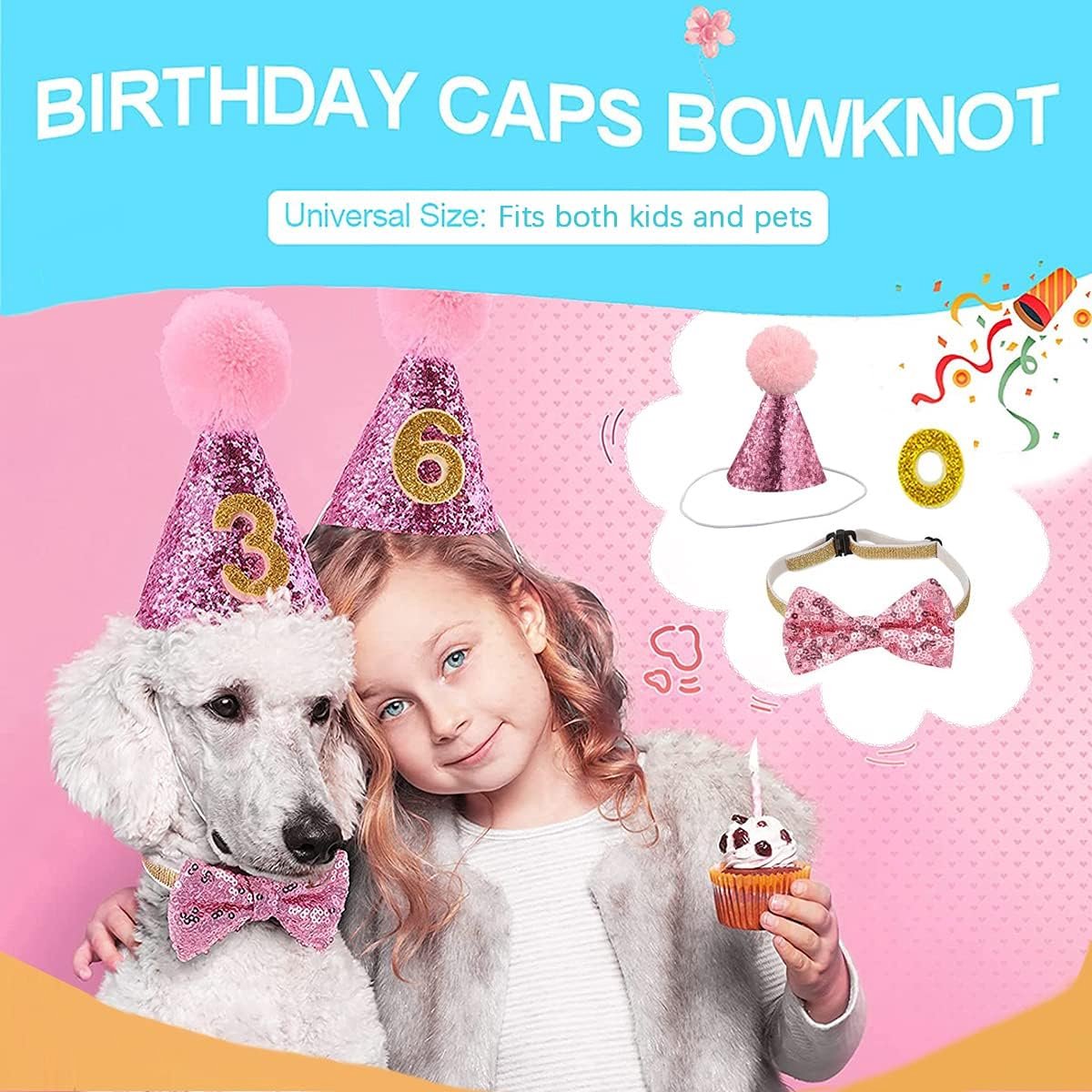 Birthday hats for dogs/cats - Party hat set for dogs - Includes bow tie and blue number - Suitable as decoration for a puppy or kitten - Clothing, headwear and accessories for pets, set of 3 (pink)