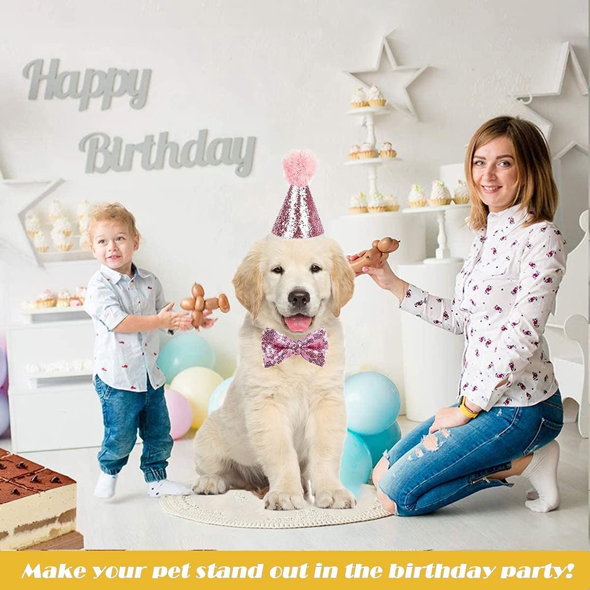 Birthday hats for dogs/cats - Party hat set for dogs - Includes bow tie and blue number - Suitable as decoration for a puppy or kitten - Clothing, headwear and accessories for pets, set of 3 (pink)
