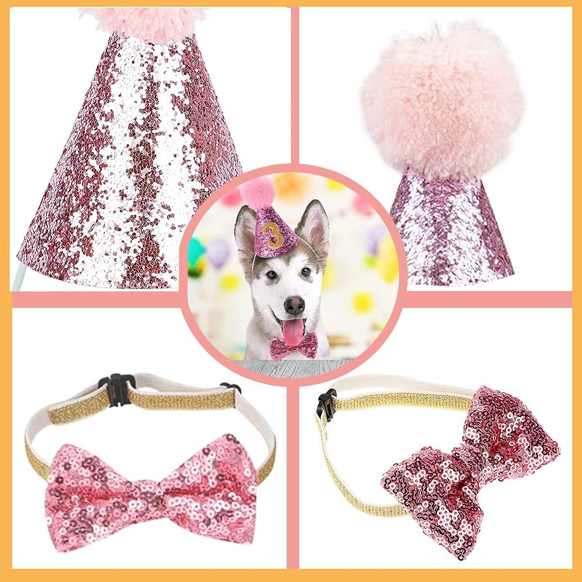 Birthday hats for dogs/cats - Party hat set for dogs - Includes bow tie and blue number - Suitable as decoration for a puppy or kitten - Clothing, headwear and accessories for pets, set of 3 (pink)