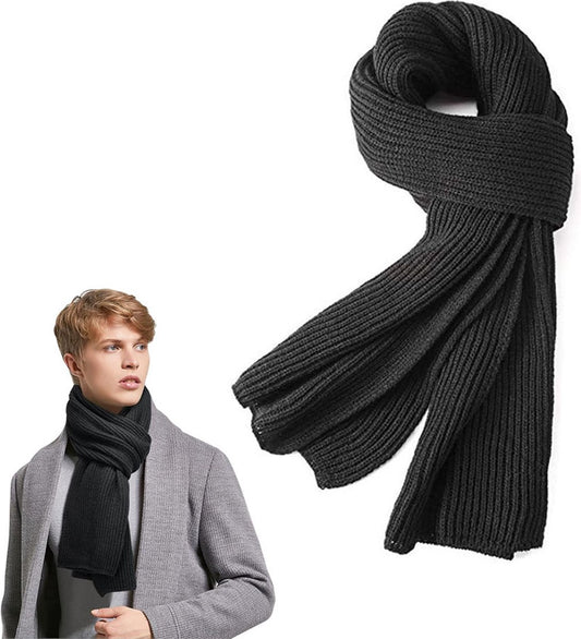 Knitted Scarf for Women & Men - Warm Winter Scarf - Small Scarf - Unisex - Oblong Scarf - Wool Scarf - Winter Warm & Soft - Men's Scarf - Women's Scarf - Finely Woven Scarf - Classic Scarf - Black - 185 x 30 Cm