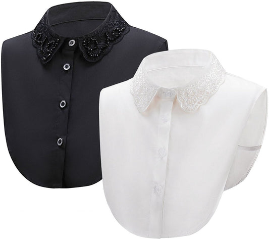 Set of 2 Women's Shirt Collars - Detachable Point Collar Basic - Collars for Women - Ruffles - Detachable Women's Collars to Wear Undergarments - Shirt Collar - Shirt Collar - Faux Detachable Collar - Shirt Replacement - One Size Adjustable - Black and Wh