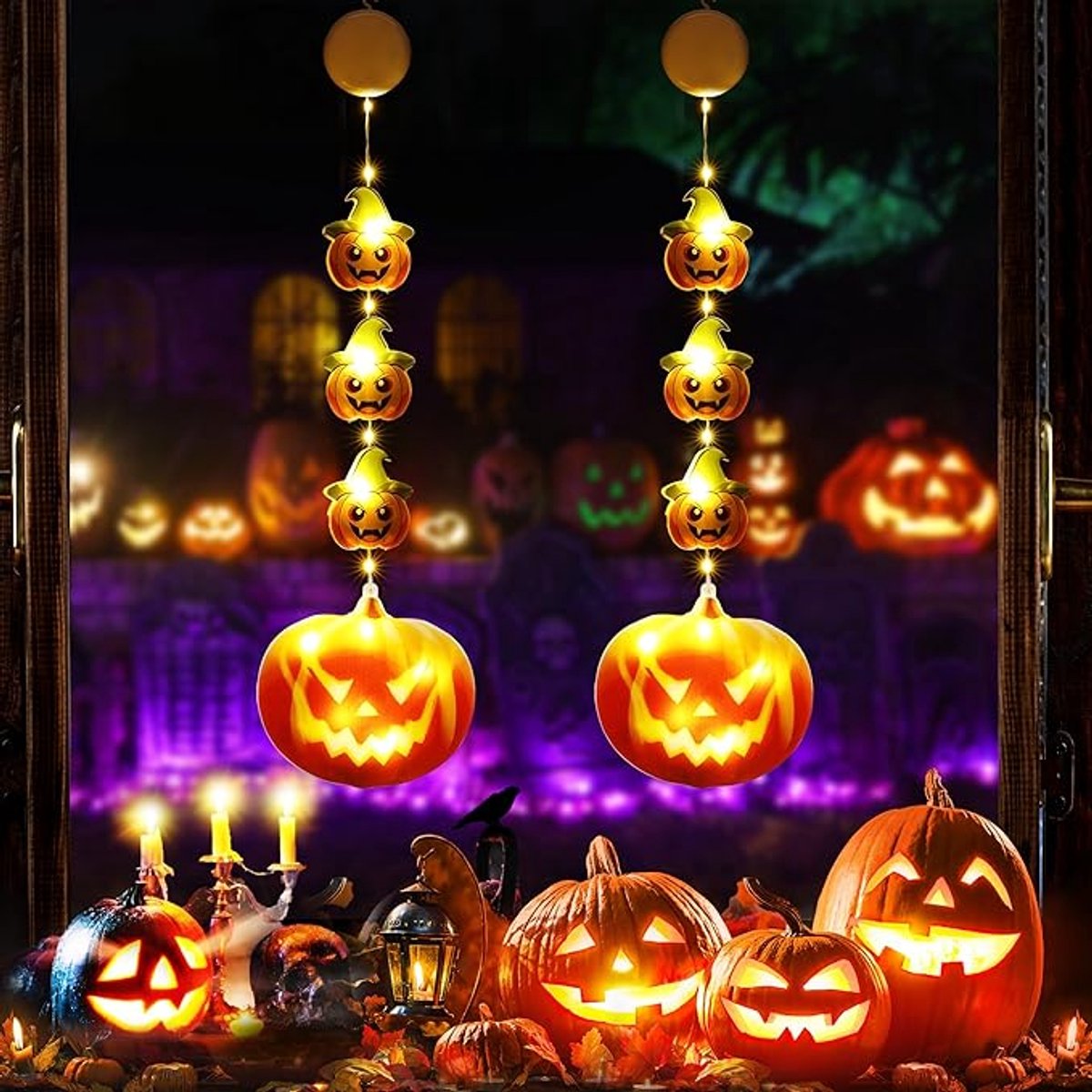 Halloween Decoration Window Lights - Orange Pumpkin Lantern Lights - Halloween Fairy Lights - 2 Pieces LED Indoor Autumn Decoration Pumpkin Christmas Lights - Halloween Outdoor Decoration - for Indoor Outdoor Garden Home Party Bar Decorations