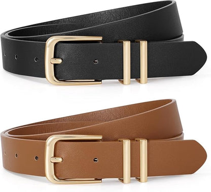 2-Piece Belt - Women's Belt - Stylish Retro - Trouser Belt - Women - Adjustable Unisex Belt - 110cm - Leather - Women's Belts for Jeans Dresses Trousers Women's Leather Waist Belt with Gold Buckle - 110 CM - Black/Brown
