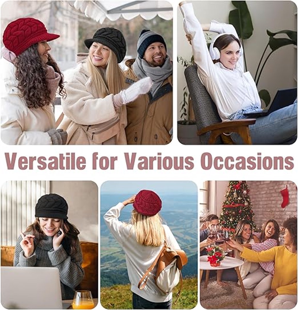 Ladies' Hat - Beanie Hat - Beret - Ladies' Beret - 4 Pieces - Knitted hat for ladies - Warm Winter Beret - Winter Hat - Warm Hats - Winter Hat with Brim - Winter - Fashion - Black/Beige/Grey/Red