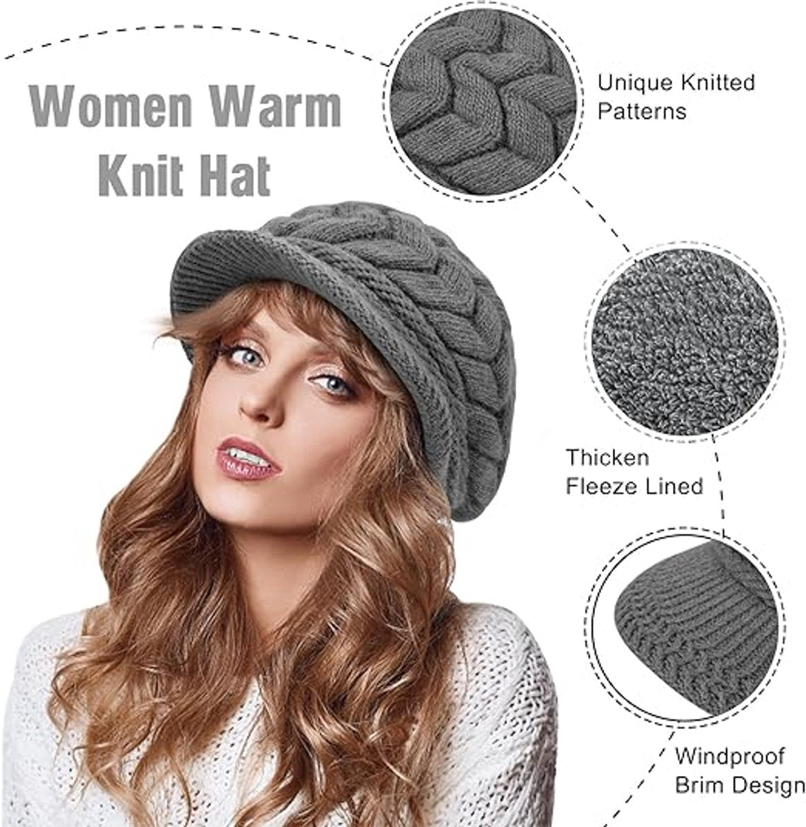 Ladies' Hat - Beanie Hat - Beret - Ladies' Beret - 4 Pieces - Knitted hat for ladies - Warm Winter Beret - Winter Hat - Warm Hats - Winter Hat with Brim - Winter - Fashion - Black/Beige/Grey/Red
